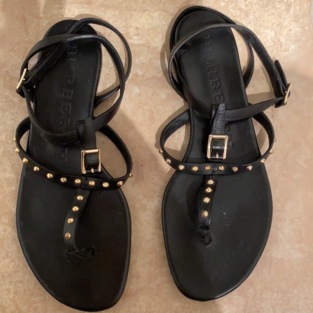 Burberry black leather T strap studded sandals with gold 7.5